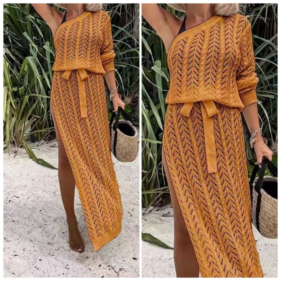 (Out of  Stock) Blue Slit Openwork Single Shoulder Knit Dress - Picture 6 of 10